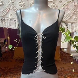 Vintage Y2K goth grunge black & cream lace up front camisole tank top